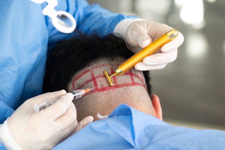 aplicación de anestesia local en zona donante previo al trasplante capilar FUE — Dra. Alfonso, Clínica Lumos Viña del Mar