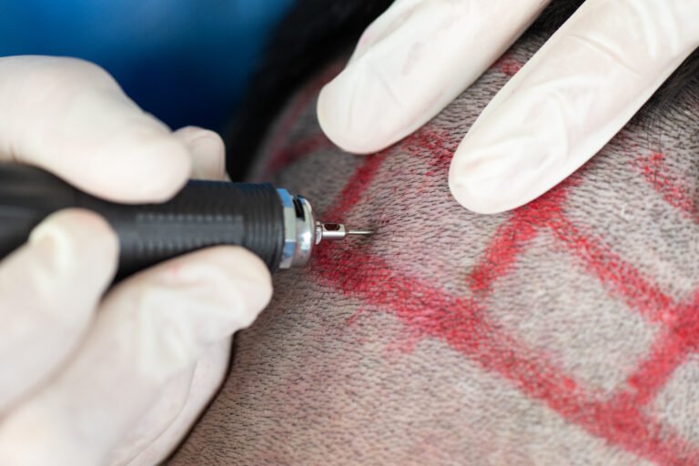 extracción de folículos con técnica FUE en zona donante — Dra. Alfonso, Clínica Lumos Viña del Mar